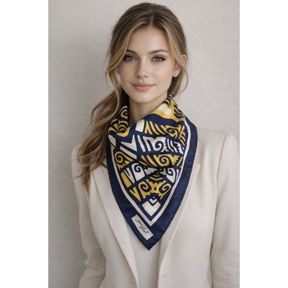 Jean Parel Geometric Blue Yellow White Hand Rolled Scarf Made In Italy 30" Vtg